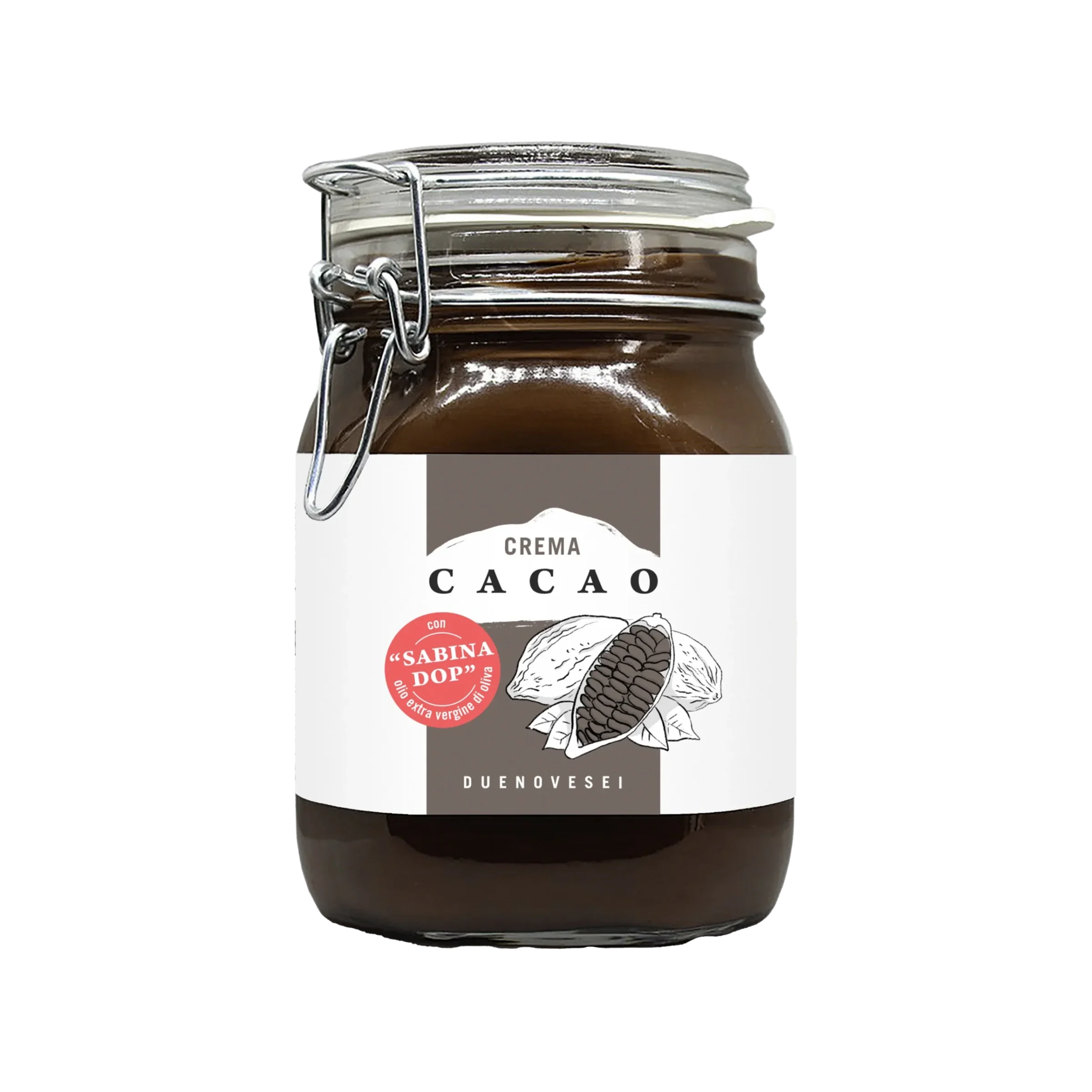 Vaso di crema spalmabile al cacao con olio extravergine di oliva sabina dop DUENOEVSEI 1,2 kg