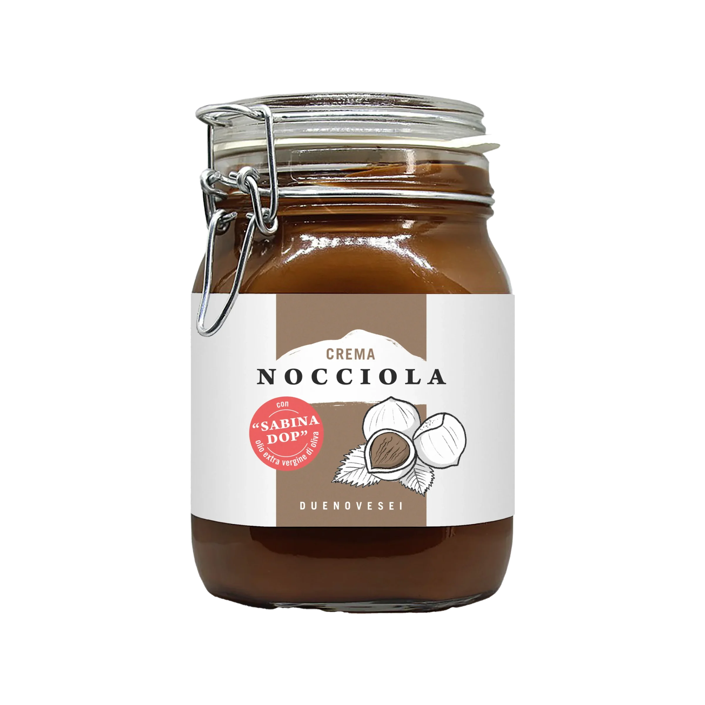 Vaso di crema spalmabile alla nocciola con olio extravergine di oliva sabina dop DUENOEVSEI 1,2 kg