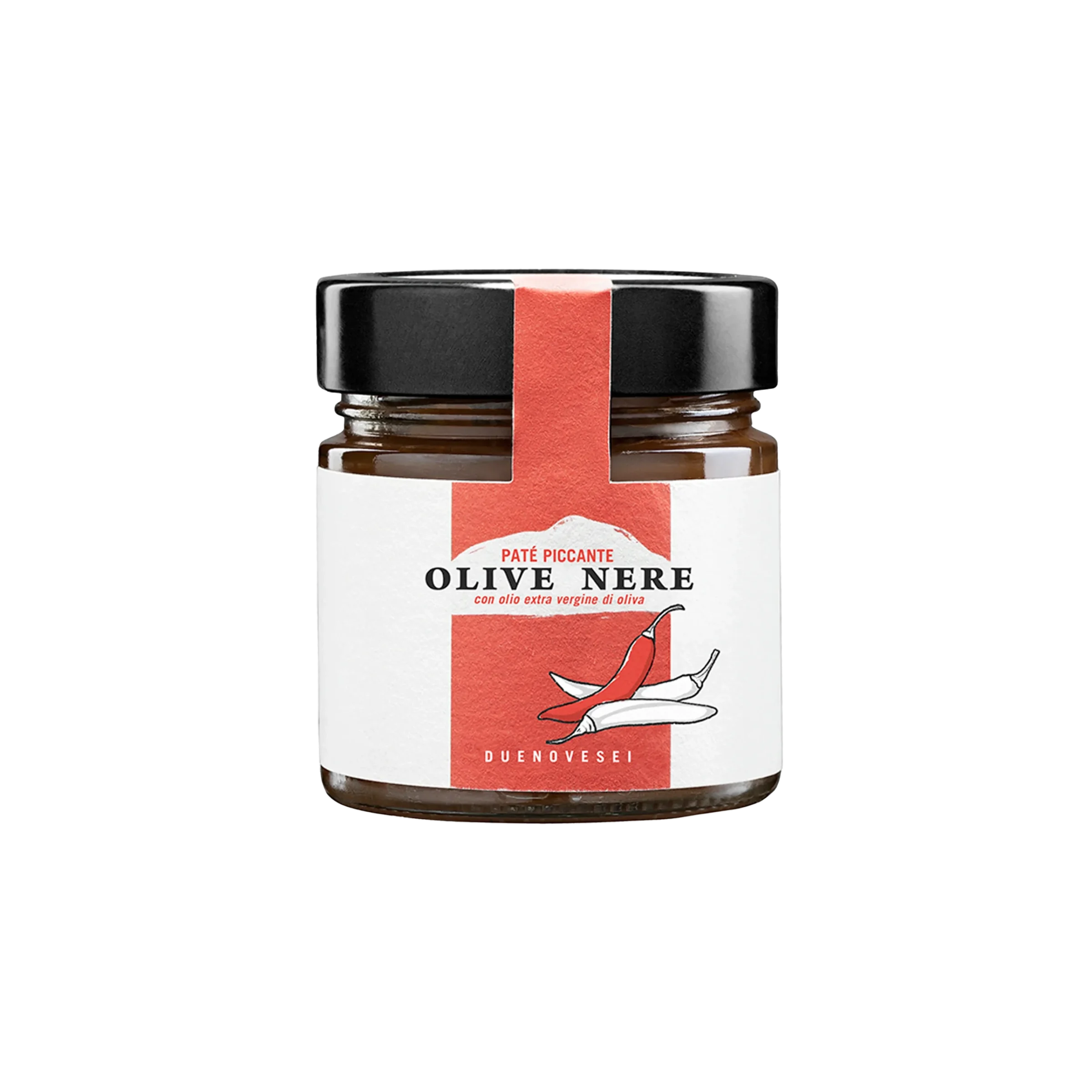 Vaso di paté di olive nere piccante con olio extravergine di oliva DUENOVESEI