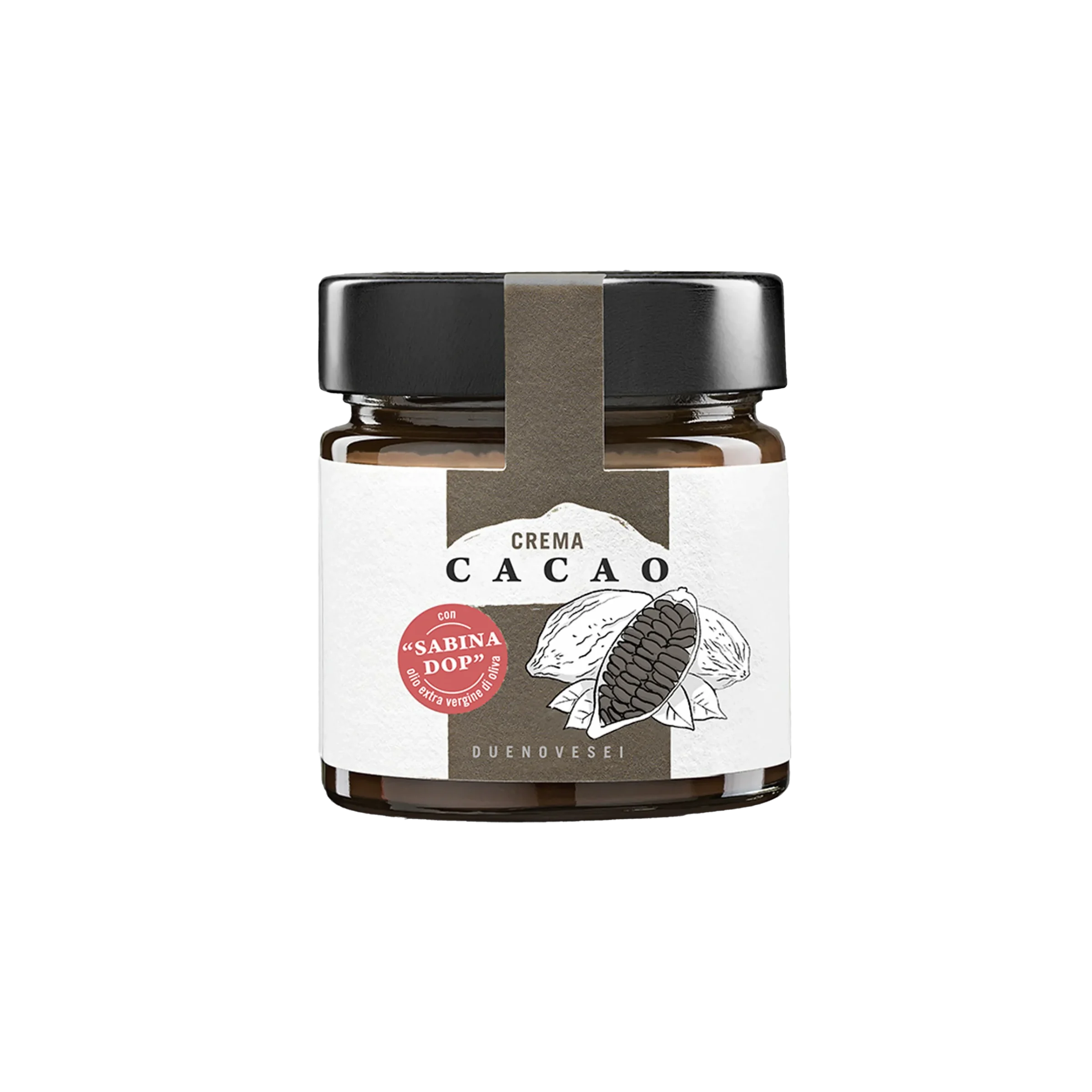 Vaso di crema spalmabile al cacao con olio extravergine di oliva sabina dop DUENOEVSEI 250g