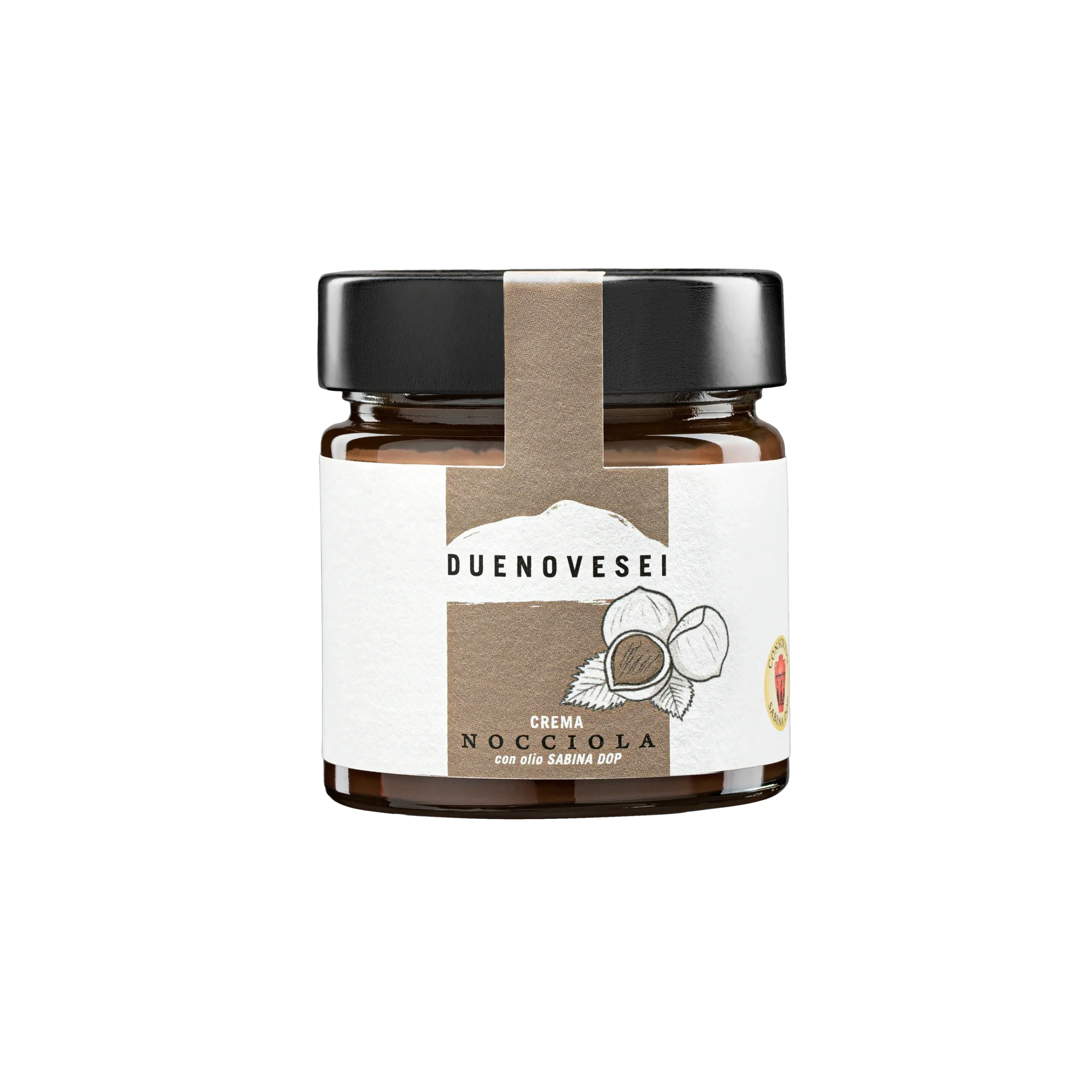 Vaso di crema spalmabile alla nocciola con olio extravergine di oliva sabina dop DUENOEVSEI 250g