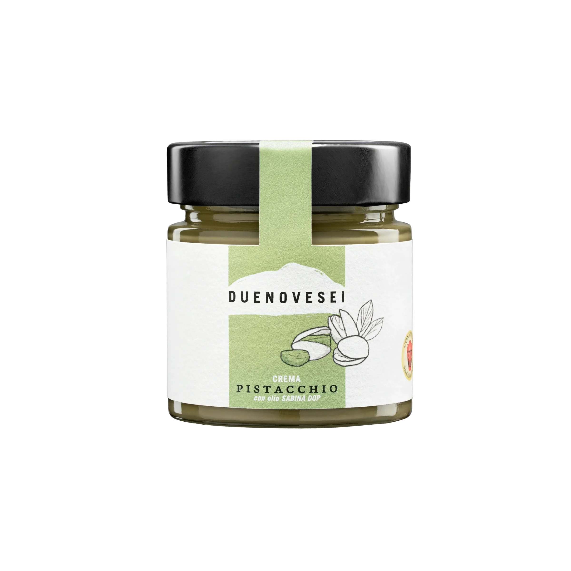 Vaso di crema spalmabile al pistacchio con olio extravergine di oliva sabina dop DUENOEVSEI 250g