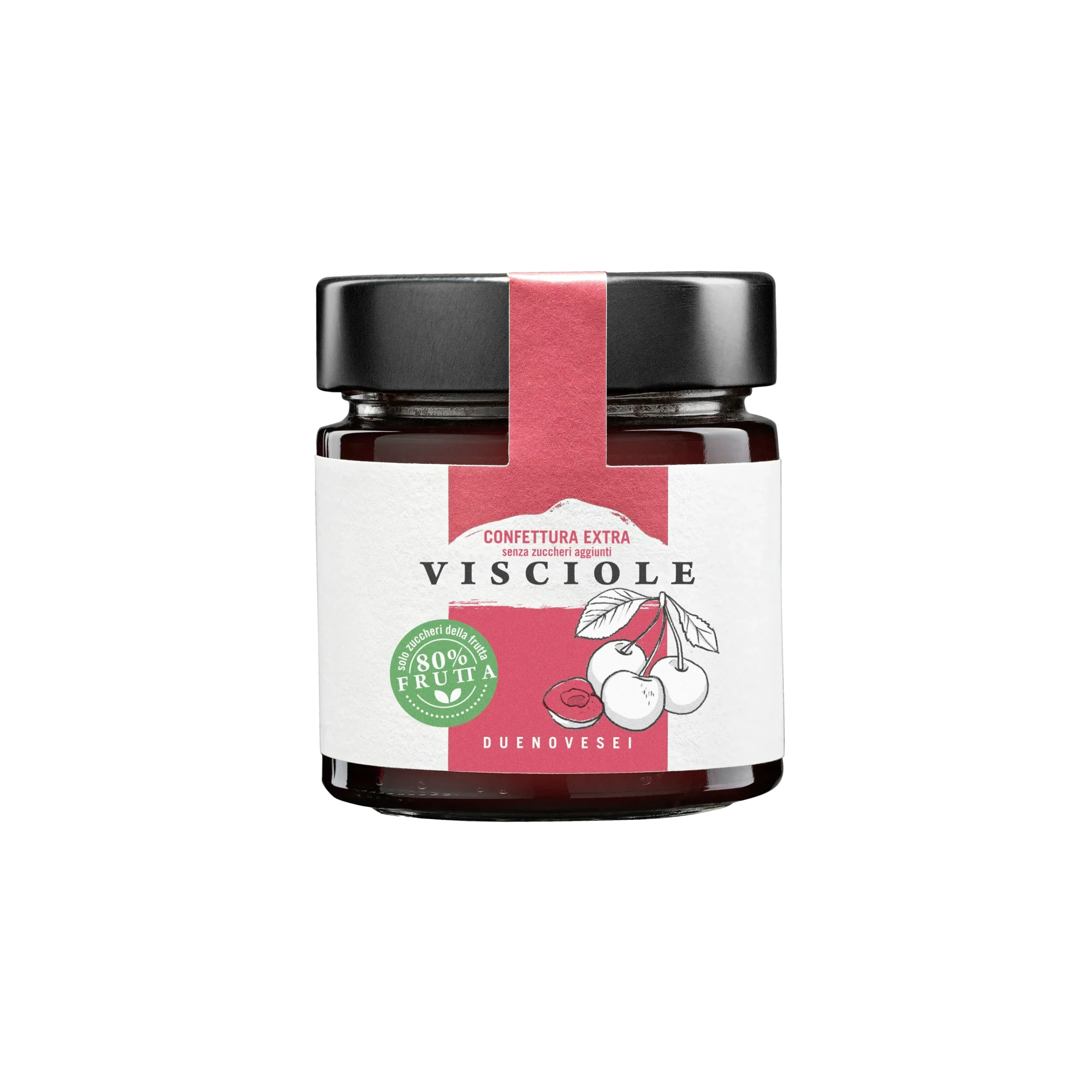 Vaso di confettura extra di frutta senza zuccheri aggiunti alle Visciole DUENOVESEI