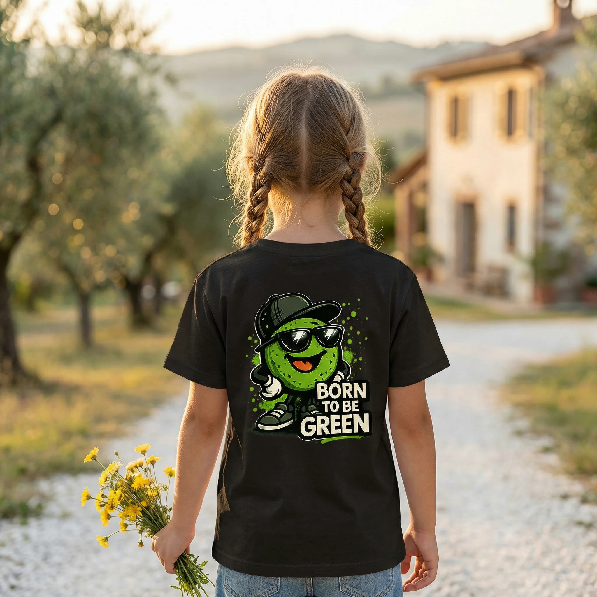 T-shirt nera da bambino DUENOVESEI, retro con la stampa «Born to be Green», in un uliveto