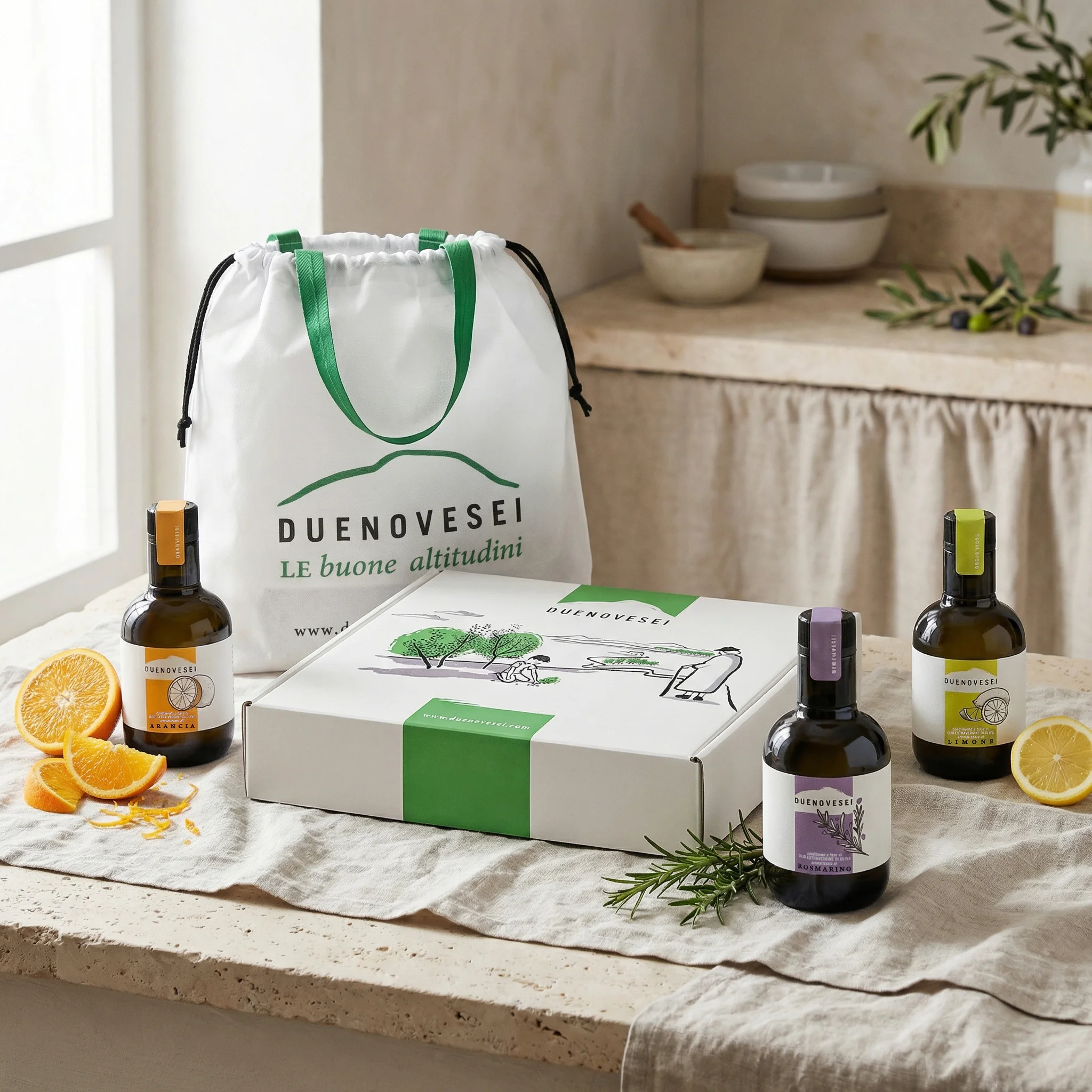 Gift Box Aromatici DUENOVESEI: oli aromatizzati all'arancia, al limone e al rosmarino con scatola illustrata e sacchetto