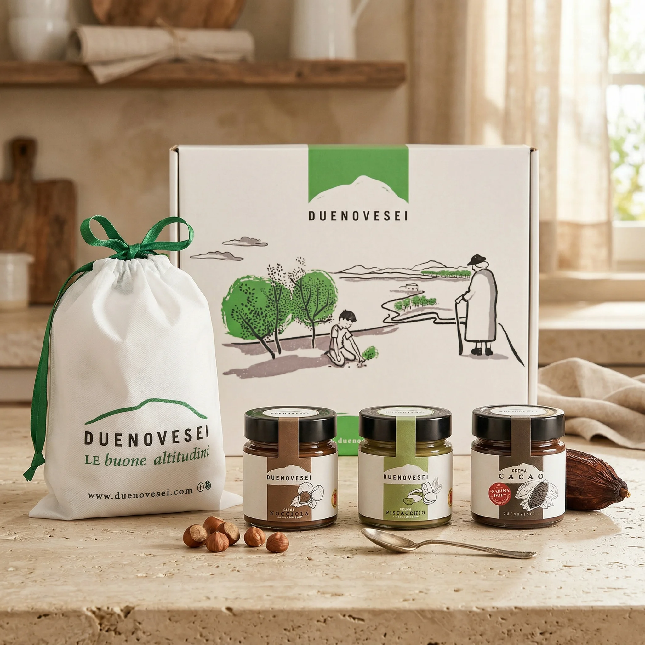 Gift Box Le Creme DUENOVESEI: creme spalmabili nocciola, pistacchio e cacao con scatola illustrata e sacchetto