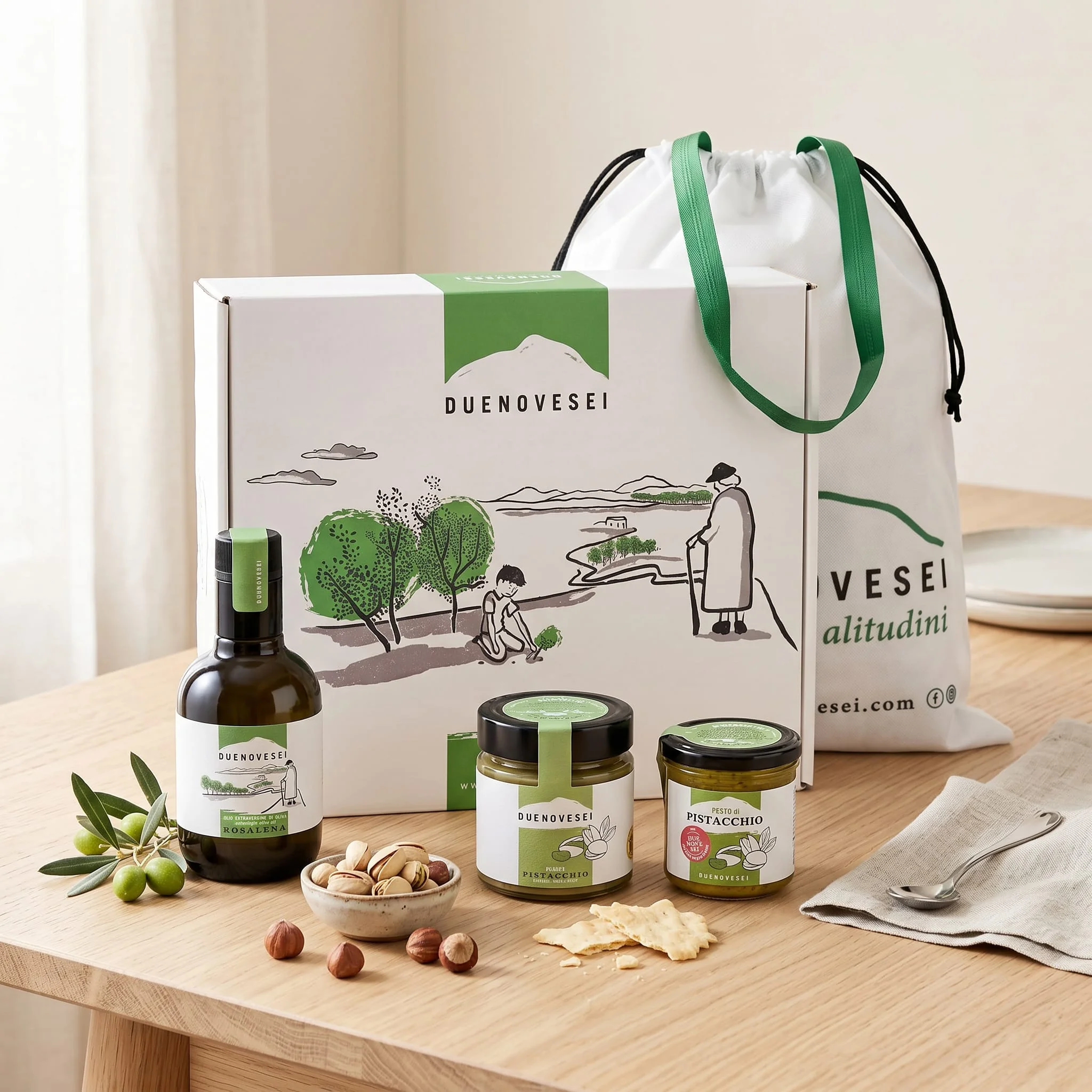 Gift Box Gourmet DUENOVESEI: crema spalmabile e pesto di pistacchio con olio extravergine Rosalena, scatola illustrata e sacchetto