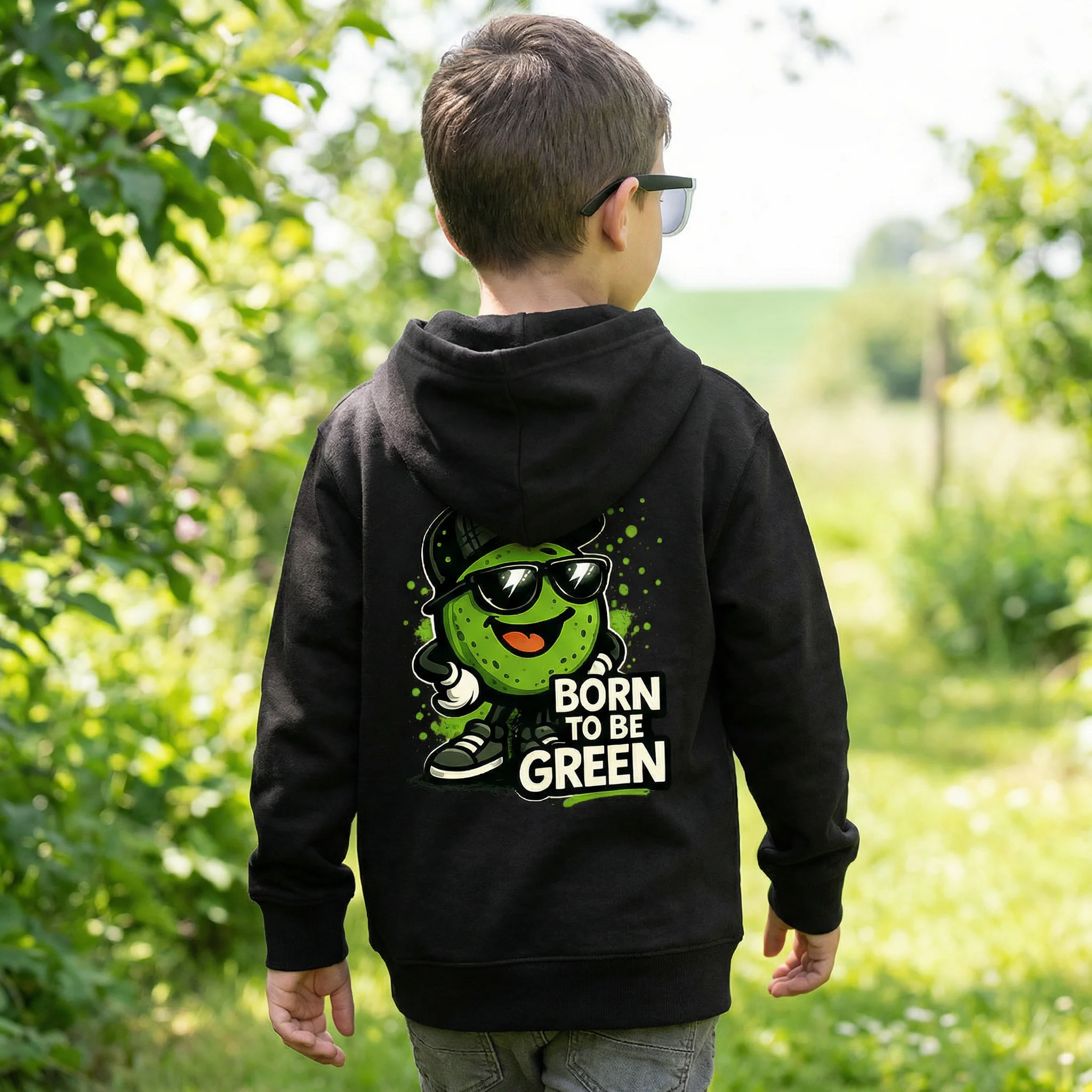 Felpa nera con cappuccio da bambino DUENOVESEI, retro con la stampa «Born to be Green»